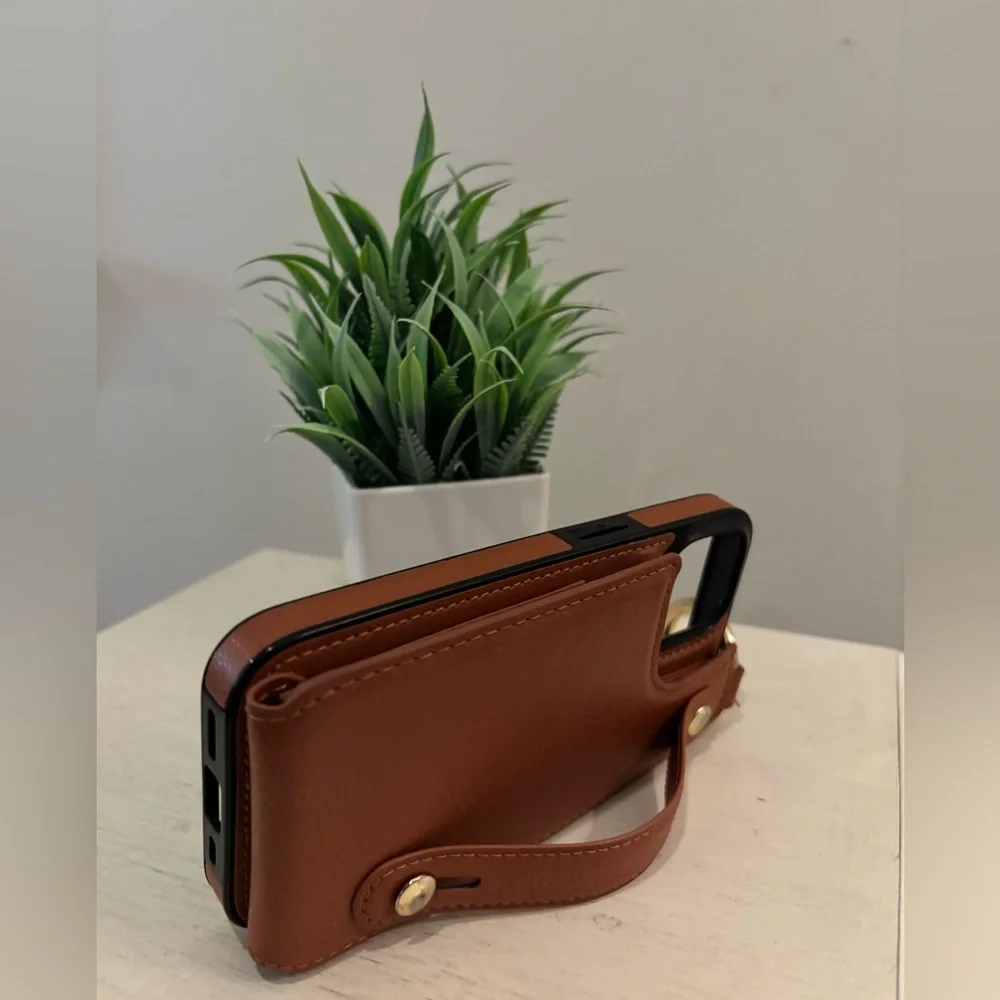 iPhone 12/12 Pro Wallet Case Brown Card Holder Wrist Strap Faux Leather
